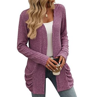 Womens Long Cardigan Sweater Open Front Long Sleeve Ladies Knit Outwear Coats with Pockets