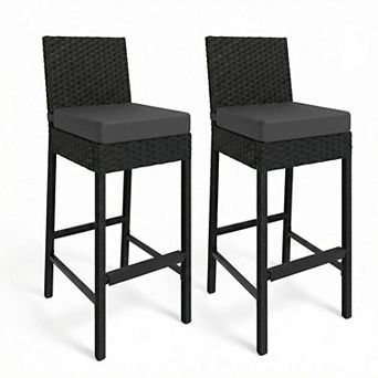 ANIXOL Set of 2 Outdoor Wicker Bar Stools with Cushions & Footrest
