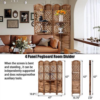 Wood Room Divider with Adjustable Shelves and Folding Panels