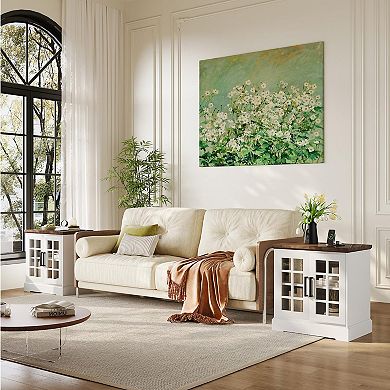 ANIXOL White End Table with Charging Station & Glass Door