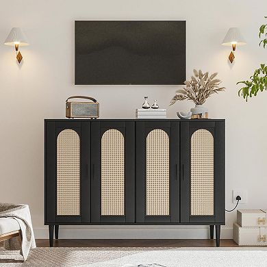 ANIXOL 4-Door Rattan Buffet Cabinet with Power Outlet