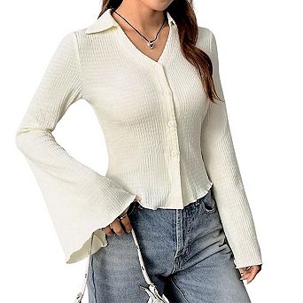 Womens Long Sleeve Tops Fall Lightweight Cardigan Cropped Button Down Going Out Shirts