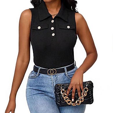 Women's Sleeveless Polo Neck Button Front Ribbed Knit Top Pockets Blouse