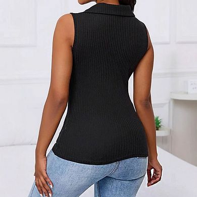 Women's Sleeveless Polo Neck Button Front Ribbed Knit Top Pockets Blouse