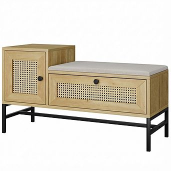 ANIXOL Rattan Shoe Bench with Storage Cabinet & Cushion