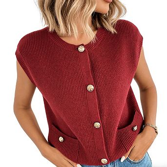 Women's Sleeveless Crew Neck Button Ribbed Knit Vest with Pockets Casual Blouse