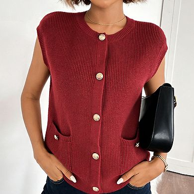 Women's Sleeveless Crew Neck Button Ribbed Knit Vest with Pockets Casual Blouse