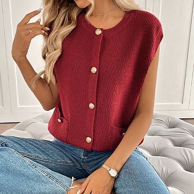 Women's Sleeveless Crew Neck Button Ribbed Knit Vest with Pockets Casual Blouse