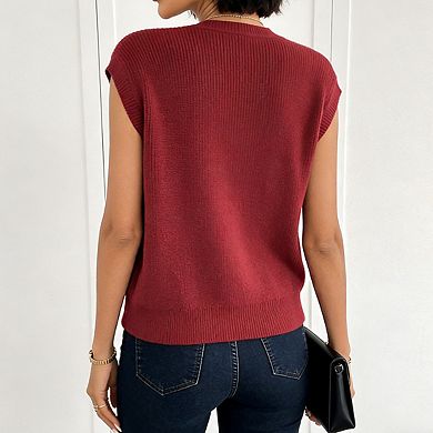 Women's Sleeveless Crew Neck Button Ribbed Knit Vest with Pockets Casual Blouse