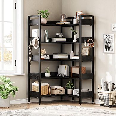 ANIXOL 5-Tier Reversible Corner Bookcase, Convertible L-Shape or Straight