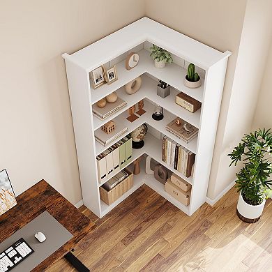 ANIXOL White 5-Shelf L-Shaped Corner Bookcase with Full Backing