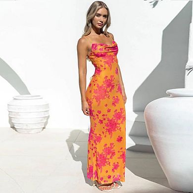 Women's Spaghetti Strap Backless Long Dresses Flower Printed Slim Fit Dress