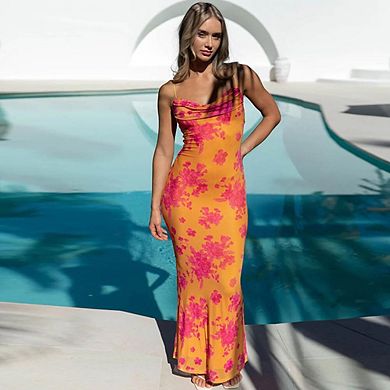 Women's Spaghetti Strap Backless Long Dresses Flower Printed Slim Fit Dress