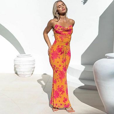 Women's Spaghetti Strap Backless Long Dresses Flower Printed Slim Fit Dress