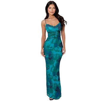 Women's Spaghetti Strap Backless Long Dresses Flower Printed Slim Fit Dress