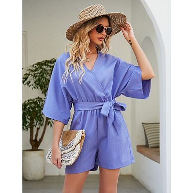 Women Short Rompers V Neck Short Sleeve Belted Waist Tie Jumpsuits