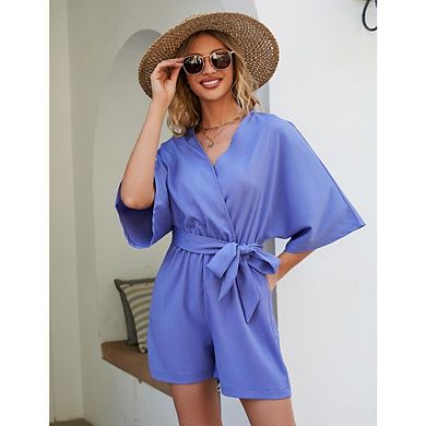 Women Short Rompers V Neck Short Sleeve Belted Waist Tie Jumpsuits