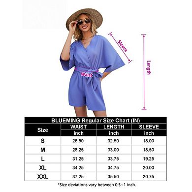 Women Short Rompers V Neck Short Sleeve Belted Waist Tie Jumpsuits