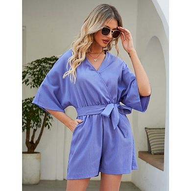 Women Short Rompers V Neck Short Sleeve Belted Waist Tie Jumpsuits