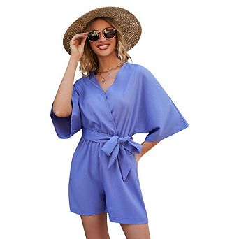 Women Short Rompers V Neck Short Sleeve Belted Waist Tie Jumpsuits