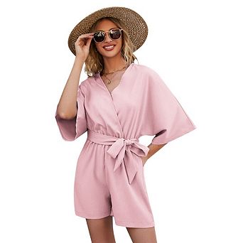 Women Short Rompers V Neck Short Sleeve Belted Waist Tie Jumpsuits