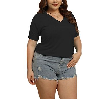 Womens Plus Size V Neck T Shirts Short Sleeve Tees Basic Loose Fit Casual Blouse Summer Outfits