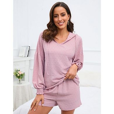 Womens V Neck Hoodies Pullover shirts wih Shorts Clothes Set