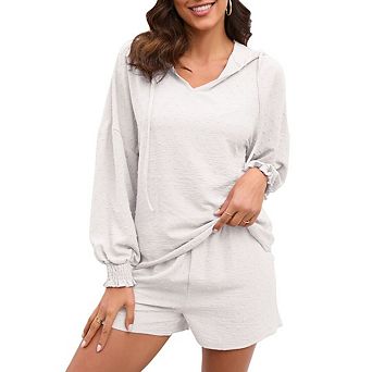 Womens V Neck Hoodies Pullover shirts wih Shorts Clothes Set