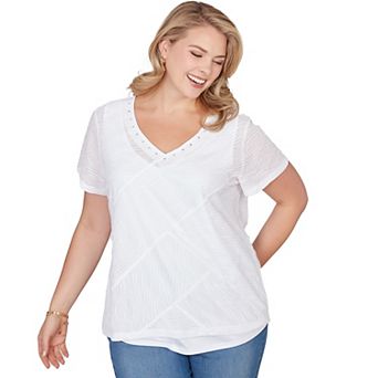 Hearts of Palm Plus Size Smooth Sailing Solid Wavy Stripe Short Sleeve Top With Embellishment
