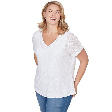 Hearts of Palm Plus Size Smooth Sailing Solid Wavy Stripe Short Sleeve Top With Embellishment