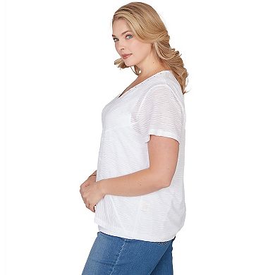 Hearts of Palm Plus Size Smooth Sailing Solid Wavy Stripe Short Sleeve Top With Embellishment