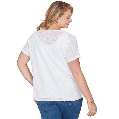 Hearts of Palm Plus Size Smooth Sailing Solid Wavy Stripe Short Sleeve Top With Embellishment