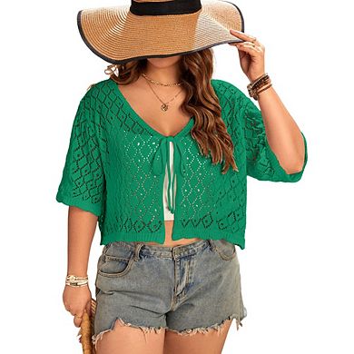 Women's Plus Size Crochet Cardigan Crop Short Sleeves Tie Front Lightweight Knitwear