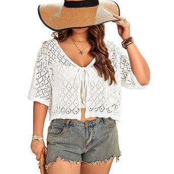 Women's Plus Size Crochet Cardigan Crop Short Sleeves Tie Front Lightweight Knitwear