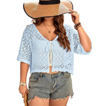 Women's Plus Size Crochet Cardigan Crop Short Sleeves Tie Front Lightweight Knitwear