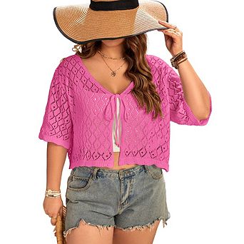 Women's Plus Size Crochet Cardigan Crop Short Sleeves Tie Front Lightweight Knitwear