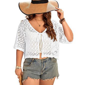Women's Plus Size Crochet Cardigan Crop Short Sleeves Tie Front Lightweight Knitwear