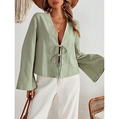 Womens Tie Front Shirts Flare Sleeve V Neck Going Out Tops Casual Lace Up Bow Blouses