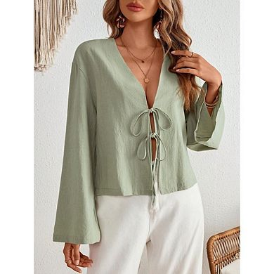 Womens Tie Front Shirts Flare Sleeve V Neck Going Out Tops Casual Lace Up Bow Blouses