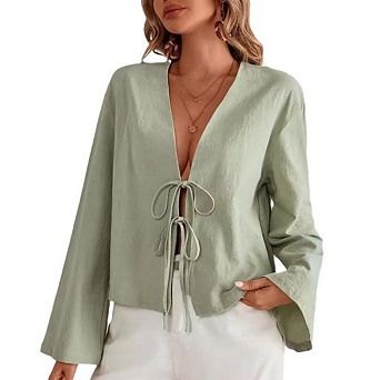 Womens Tie Front Shirts Flare Sleeve V Neck Going Out Tops Casual Lace Up Bow Blouses