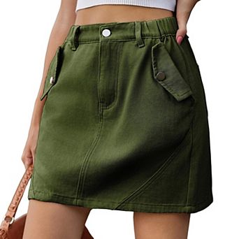 Women’S Button Elastic Waist Denim Skirt Summer Casual Washed High Waisted Short Jean Skirt