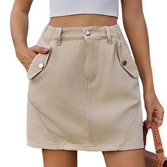 Women’S Button Elastic Waist Denim Skirt Summer Casual Washed High Waisted Short Jean Skirt