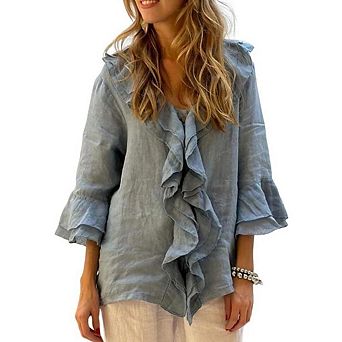 Women's Ruffled Tops Dressy Boho V Neck Blouses Lightweight Flowy Casual Pleated Shirts