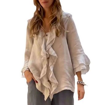 Women's Ruffled Tops Dressy Boho V Neck Blouses Lightweight Flowy Casual Pleated Shirts
