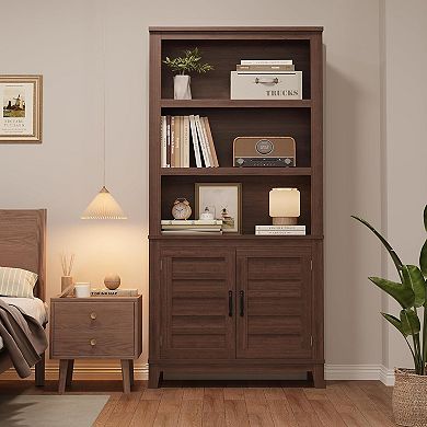 ANIXOL 5-Tier Farmhouse Bookcase with Doors & Adjustable Shelves