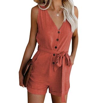 Women Short Rompers V Neck Button Down Sleeveless Belted Waist Tie Jumpsuits with Pockets