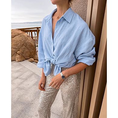 Women's Solid Buttons Down Shirts Fashion Cozy Long Sleeve Lapel Cardigan Casual Top Blouse