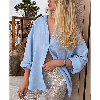 Women's Solid Buttons Down Shirts Fashion Cozy Long Sleeve Lapel Cardigan Casual Top Blouse