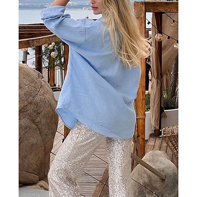 Women's Solid Buttons Down Shirts Fashion Cozy Long Sleeve Lapel Cardigan Casual Top Blouse