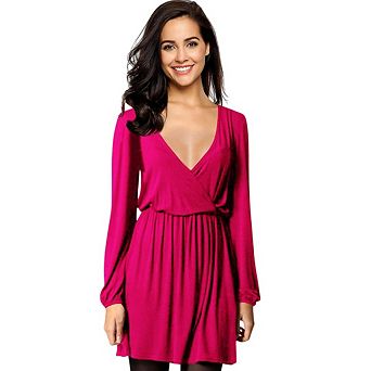 Women Deep V Neck Casual Long Sleeve A-Line Swing Mini Babydoll Dress